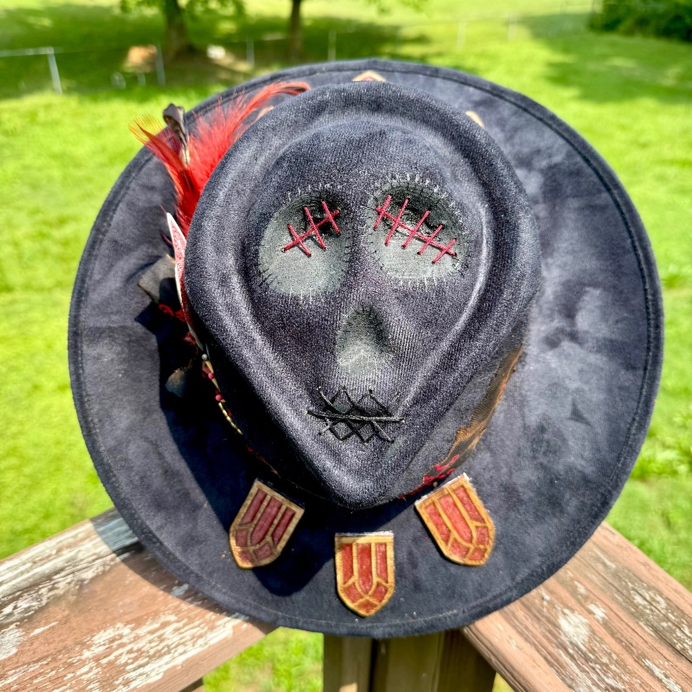 Skull Shaped Suede Halo Hat with Hand Made Stained Glass Windows